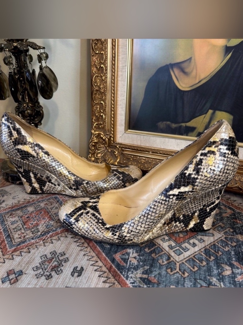 Kate Spade Python Snake Snakeskin Tan Black Gold Wash Wedge Heel Shoes